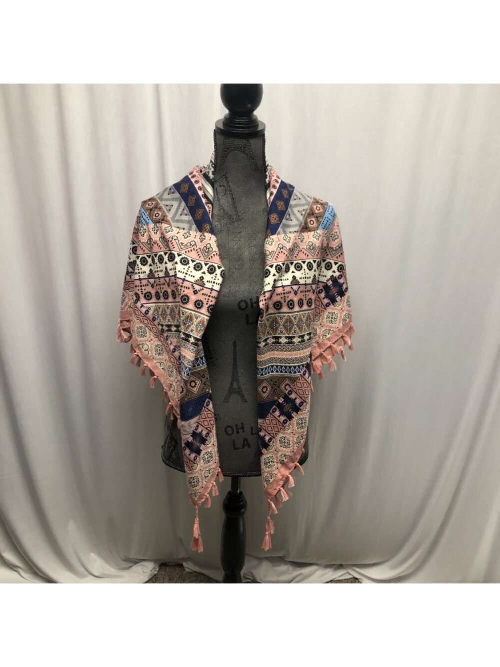 Bohemian Inspired Pink Blue Geometric Patterned Scarf Tassels Square 43x43in